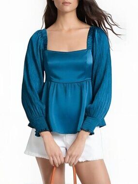 NWT Petal & Pup Montana Satin Babydoll Top Blue Square Neck XS/S
